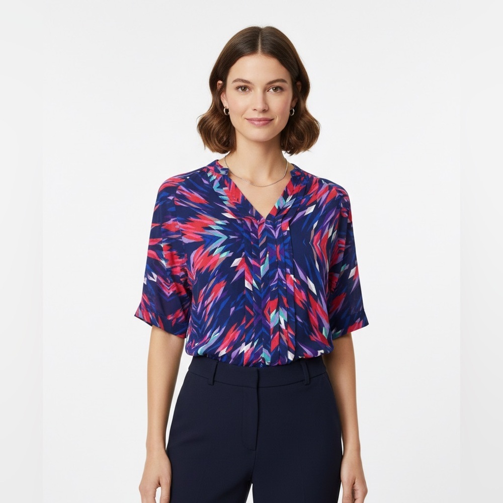 a.n.a Petite Multicolor Geometric Blouse PS Abstract Print Lightweight Chic Top